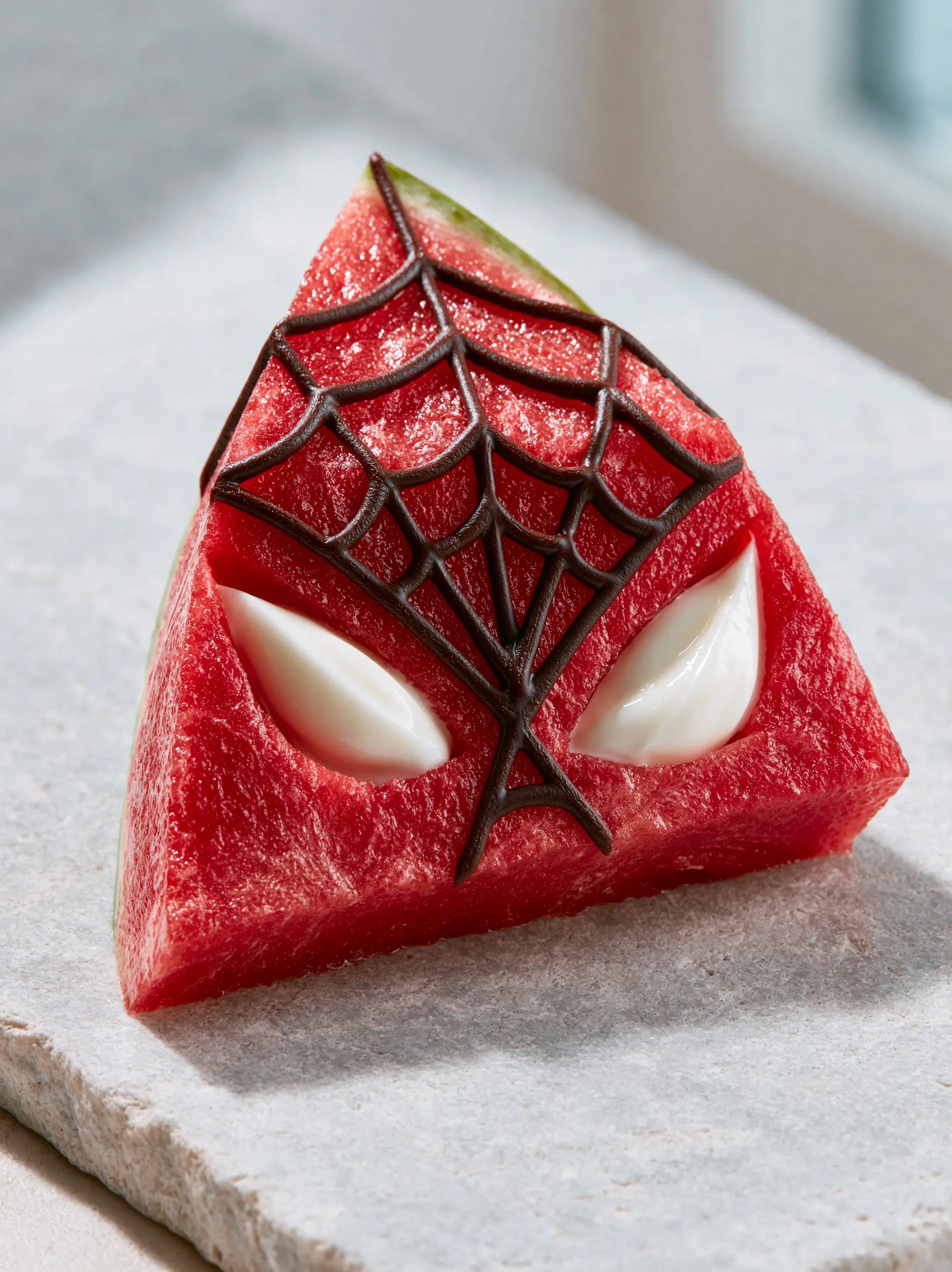 A triangular slice of chilled seedless watermelon shaped like a superhero mask with dark cocoa drizzle. (Spiderman watermelon masks)