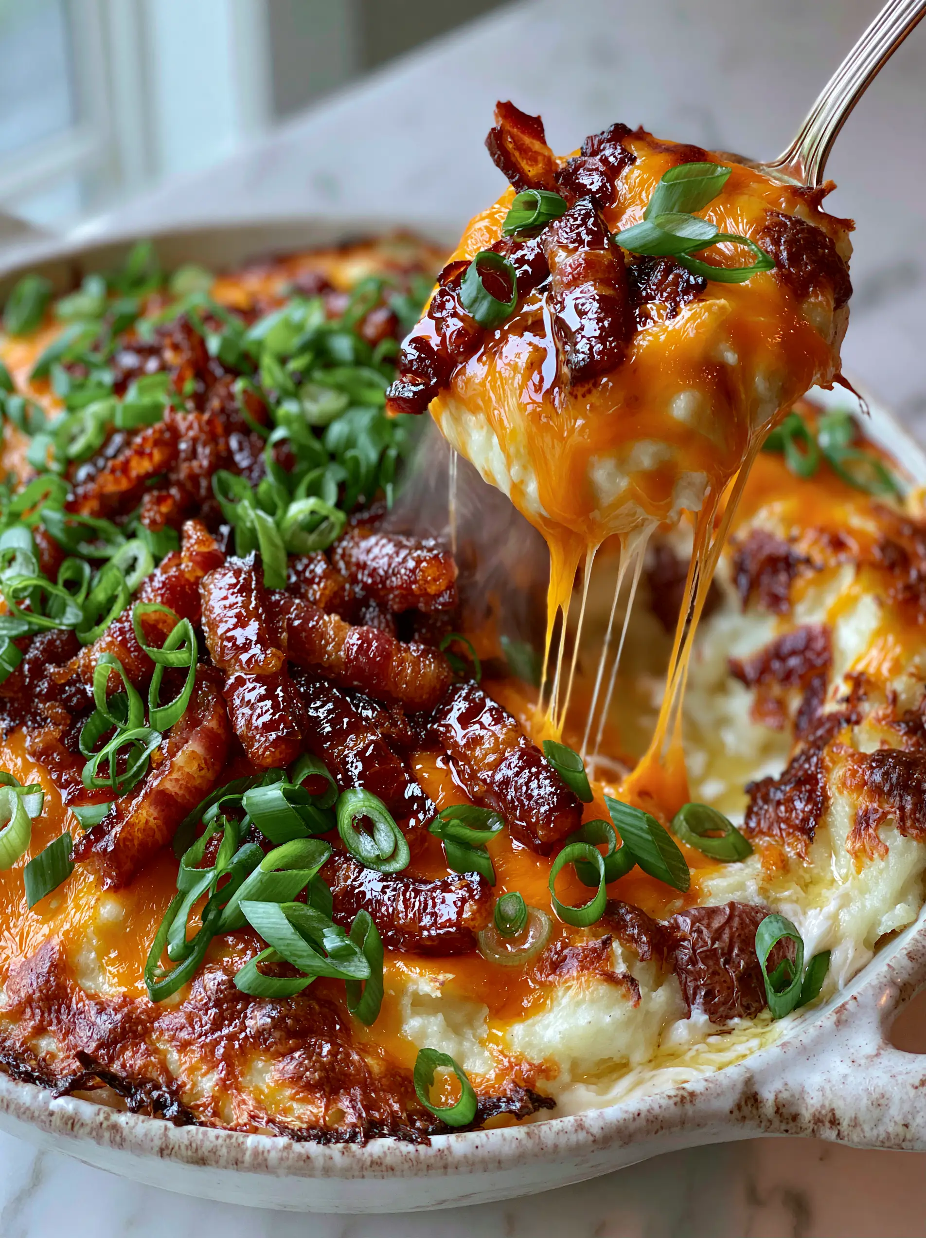 A handheld smartphone photo of a Baked Potato Casserole in a rustic white dish featuring bubbling cheddar and bacon lardons.