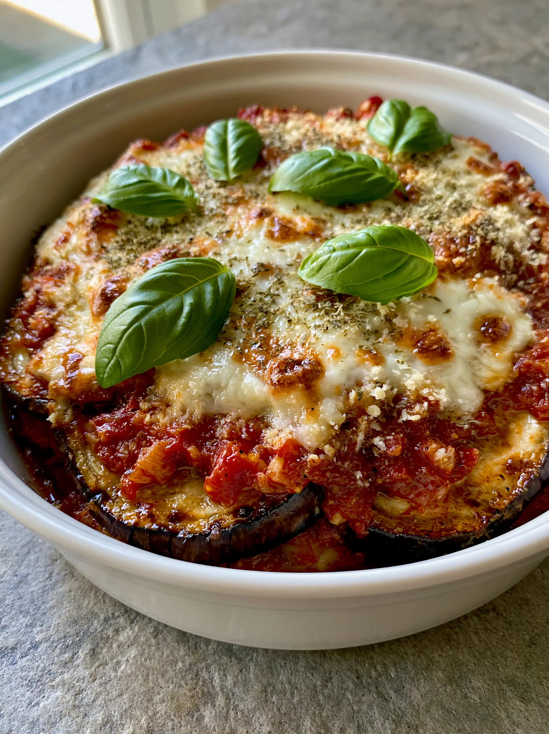 Overhead view of a ceramic baking dish filled with roasted eggplant casserole, featuring melted cheese and visible tomato sauce.
