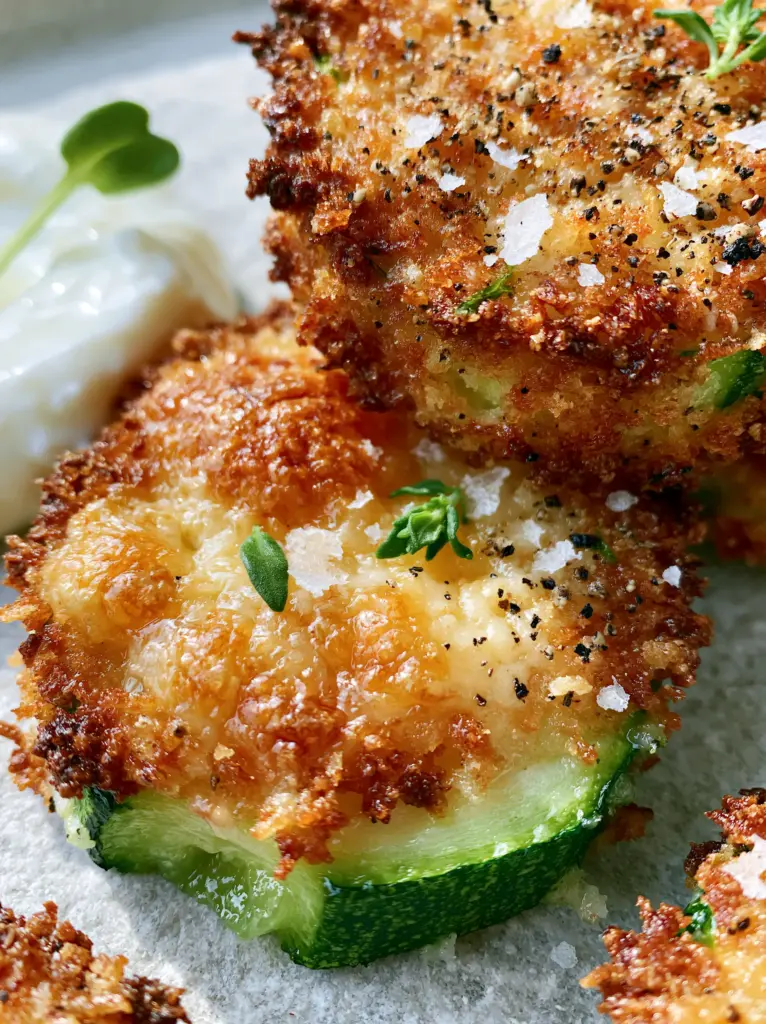 Artistically stacked zucchini rounds with a side of thick Greek yogurt dip on a stone surface (easy zucchini recipes)